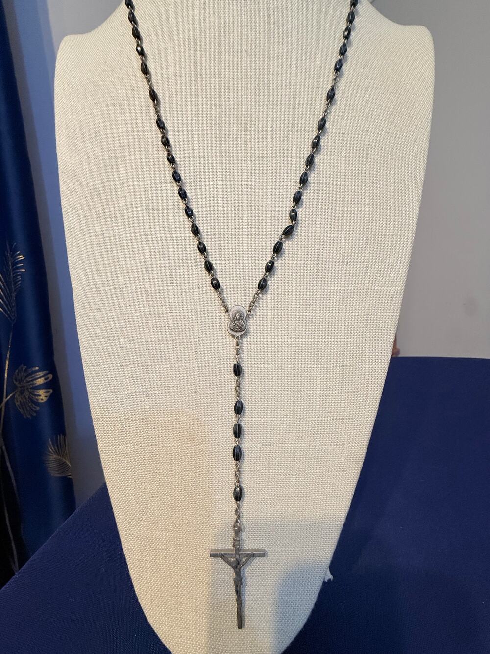 Vintage 26” Rosary Style Crucifix Black Bead Necklace